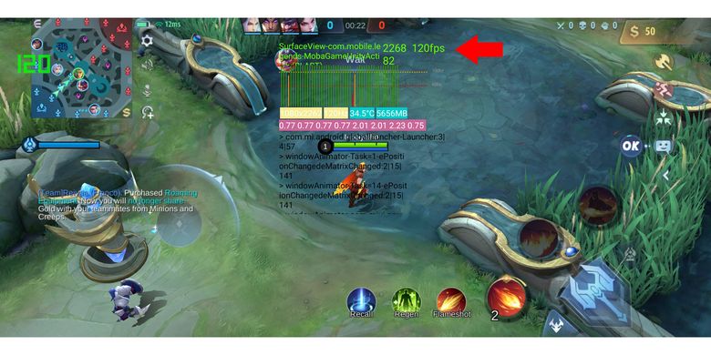 Tampilan counter fps Poco F5 di game Mobile Legends. Frame rate ditunjukkan oleh angka dengan akhiran fps seperti ditunjukkan oleh panah