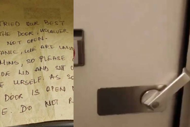 Secarik kertas dari kru pesawat yang ditulis dan diberikan kepada penumpang pesawat yang terjebak di dalam toilet agar tidak panik.