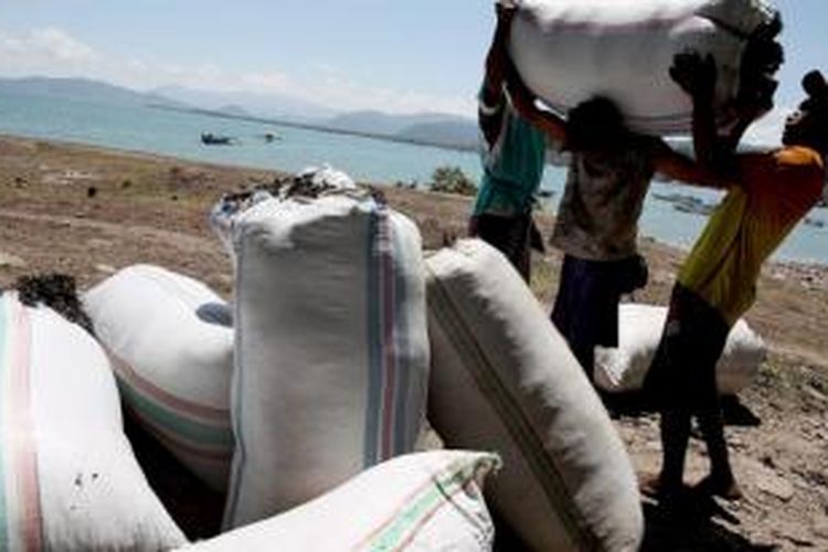 Warga menjemur rumput laut hasil panen di Desa Hu'u, Kecamatan Hu'u, Kabupaten Dompu, Nusa Tenggara Barat, Senin (23/3). Hasil panen dari sekitar 50 pencari rumput laut di desa ini bisa mencapai 10 ton per hari. 