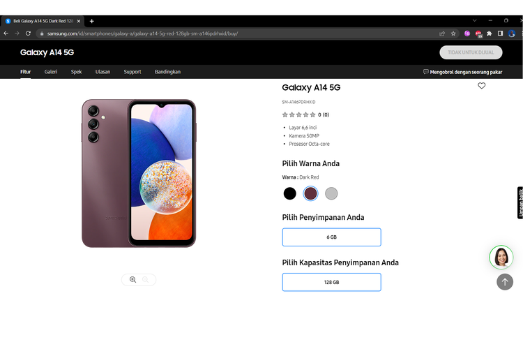 Tangkapan layar ponsel Samsung A14 5G sudah dipajang di situs resmi Samsung Indonesia pada Rabu (18/1/2023). Mengindikasikan bahwa Samsung Galaxy A14 5G segera dijual di Indonesia.