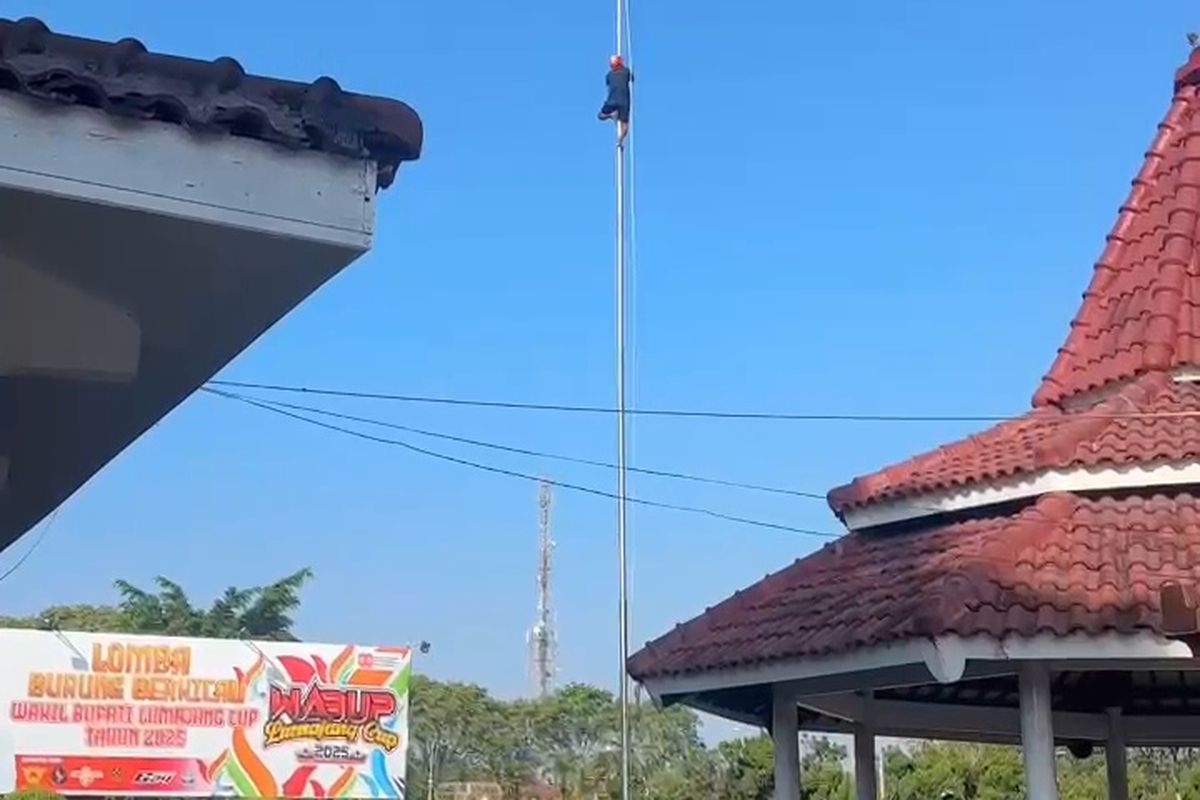 Tangkapan layar aksi heroik Mahmud panjat tiang bendera di Alun-alun Lumajang, Senin (4/8/2025).
