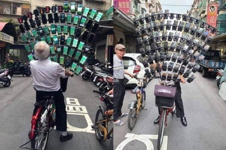 Chen Sanyuan, seorang kakek asal Taiwan yang kini kembali jadi perhatian dunia setelah bermain Pokemon Go dengan memasang 64 handphone di sepeda.