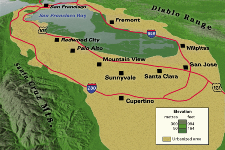 Letak geografis kawasan Silicon Valley, terdiri dari beberapa kota yang terletak di selatan San Francisco Bay, California, Amerika Serikat.