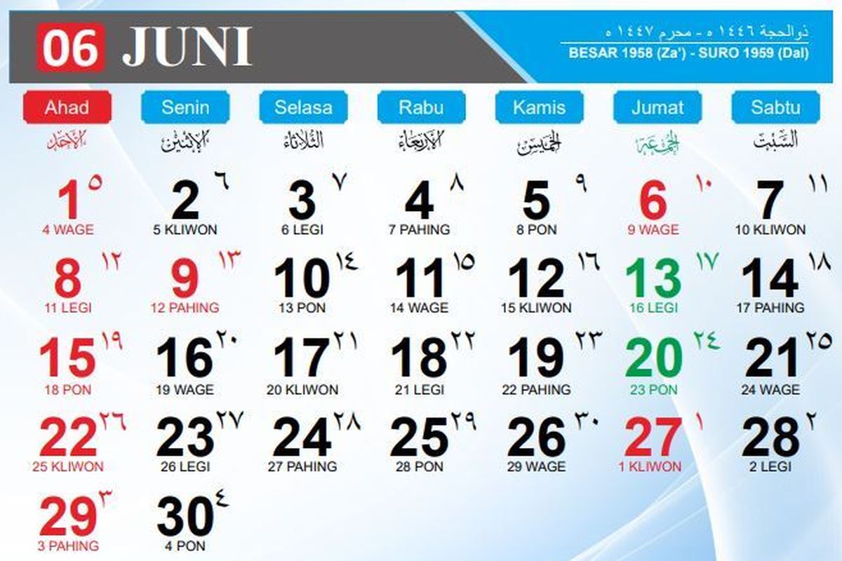 Kalender bulan Juni 2025. Malam Jumat nanti weton apa? Malam ini sudah memasuki tanggal 16 Besar 1958 Ja dalam dalam kalender Jawa.
