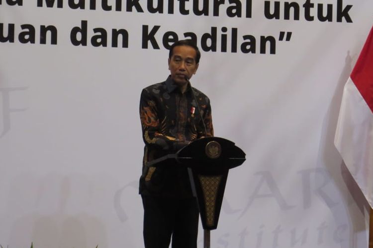 Presiden Jokowi dalam acara forum titik temu kerjasama multikultural untuk persatuan dan keadilan di Hotel Double tree, Cikini, Menteng, Jakarta Pusat, Rabu (18/9/2019).