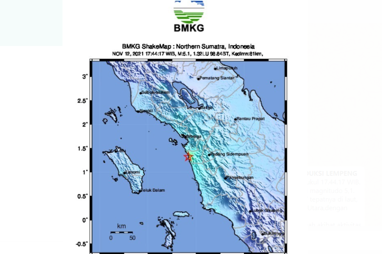 Tangkapan layar gempa bumi 5,1 M guncang Tapanuli Tengah, Sumatera Utara pada Jumat (12/11/2021) pukul 17.44 WIB.