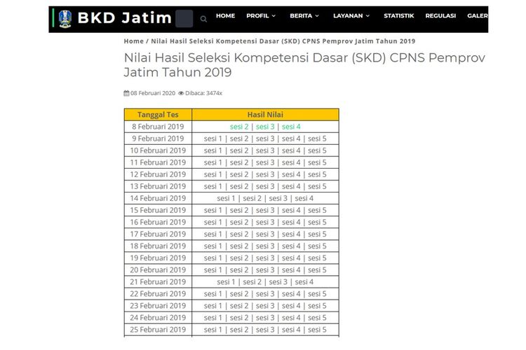 Tangkapan layar dari halaman web BKD Jatim yang menampilkan nilai link nilai hasil SKD CPNS 2019 Pemprov Jatim per sesinya.