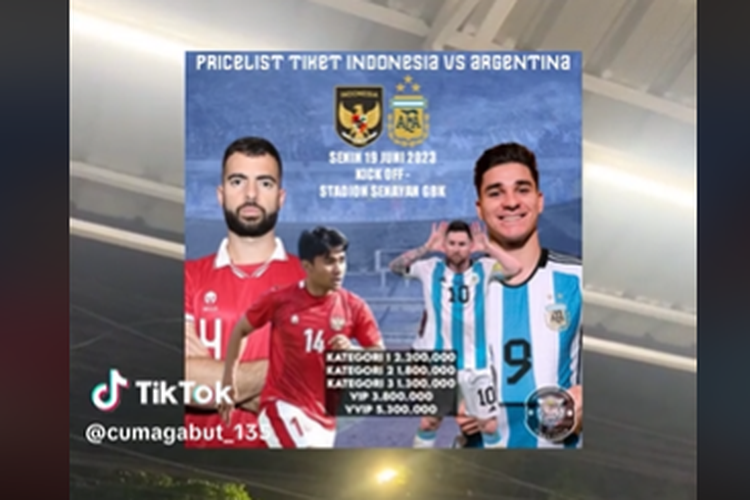 Tangkapan layar unggahan soal daftar harga tiket Timnas Indonesia vs Argentina