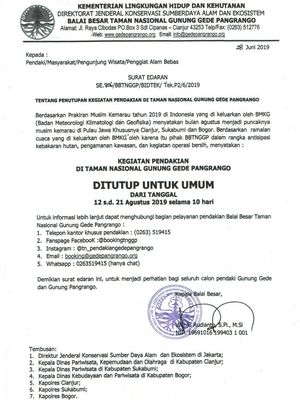 Surat edaran penutupan pendakian Gunung Gede Pangrango 12-21 Agustus 2019