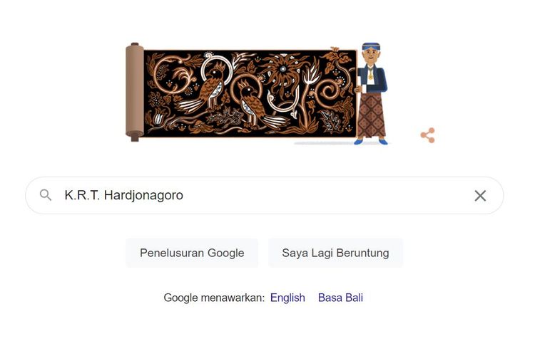Google Doodle yang menampilkan sosok K.R.T Hardjonagoro beserta ilustrasi batik karyanya.