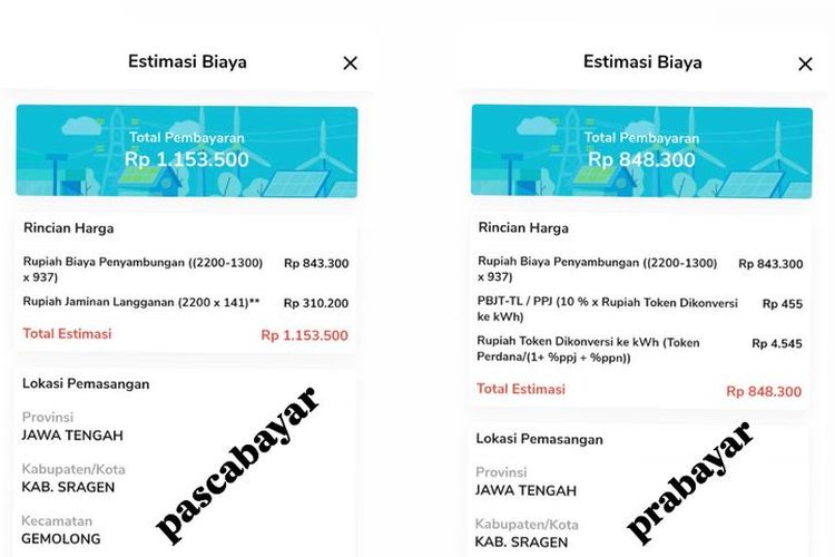 Cara cek estimasi biaya tambah daya listrik via PLN Mobile. Tangkapan layar estimasi biaya tambah daya PLN. Biaya tambah daya listrik PLN 2025.