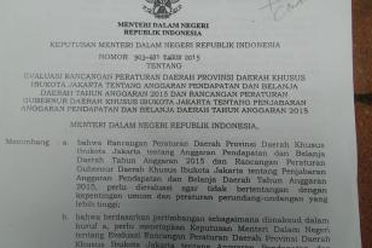 Salinan dokumen evaluasi Kemendagri terhadap RAPBD DKI Jakarta 2015
