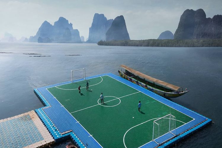 A floating soccer field built in the fishing village of Koh Panyi in Thailand