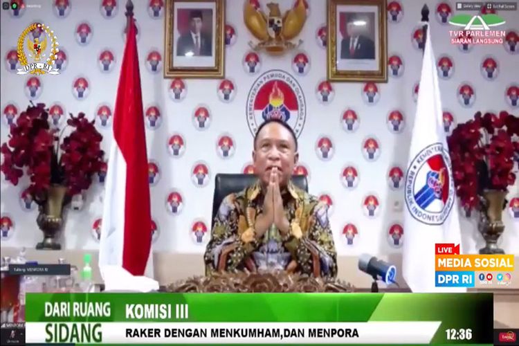 Menteri Pemuda dan Olahraga Republik Indonesia (Menpora RI) Zainudin Amali saat mengikuti rapat kerja dengan Komisi III DPR RI secara virtual, Senin (5/10/2020). (DOK. KEMENPORA RI)