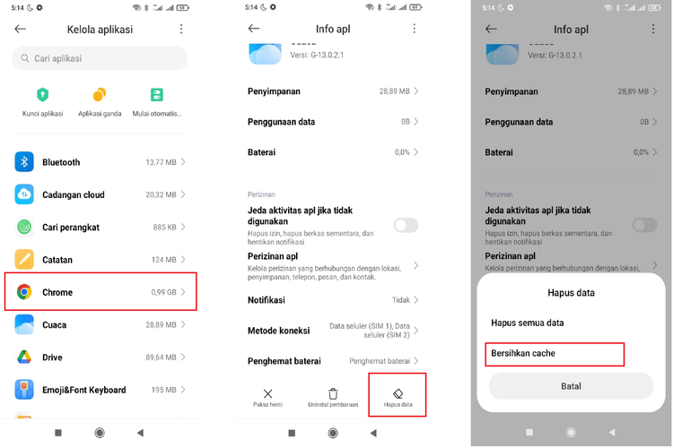 Ilustrasi cara menghapus cache di HP Xiaomi untuk tiap aplikasi.
