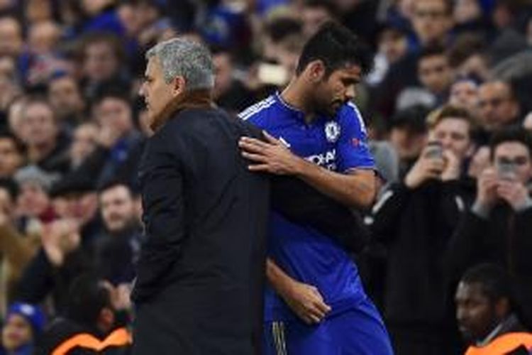Jose Mourinho bersama Diego Costa saat Chelsea melawan FC Porto, 9 Desember 2015.