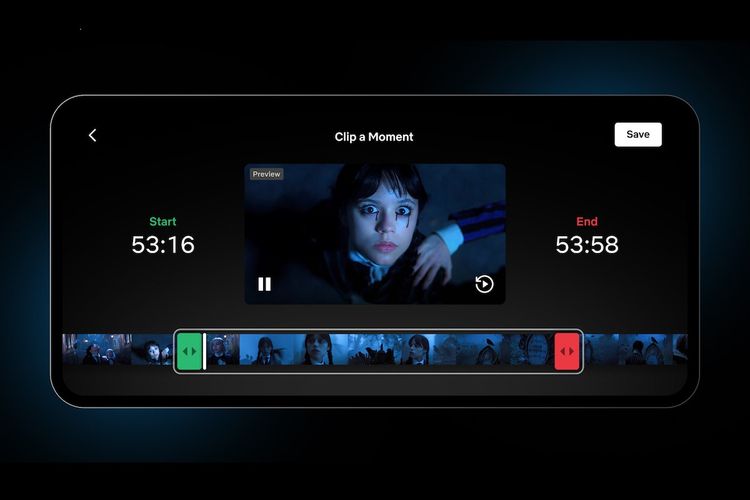 Tampilan fitur Clip di Netflix. Saat menemukan adegan yang ingin dibagikan, pengguna tinggal mengetuk layar, lalu menekan ikon Clip. Setelah itu, pengguna bisa menentukan bagian mana yang ingin dipotong, mulai dari detik awal hingga detik akhir.

