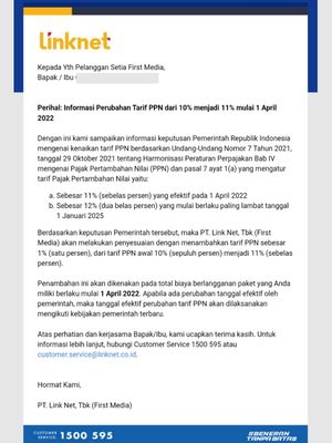 Tangkapan layar dari e-mail pelanggan First Media, berisi pemeritahuan terkait penyesuaian tarif PPN 11 persen.