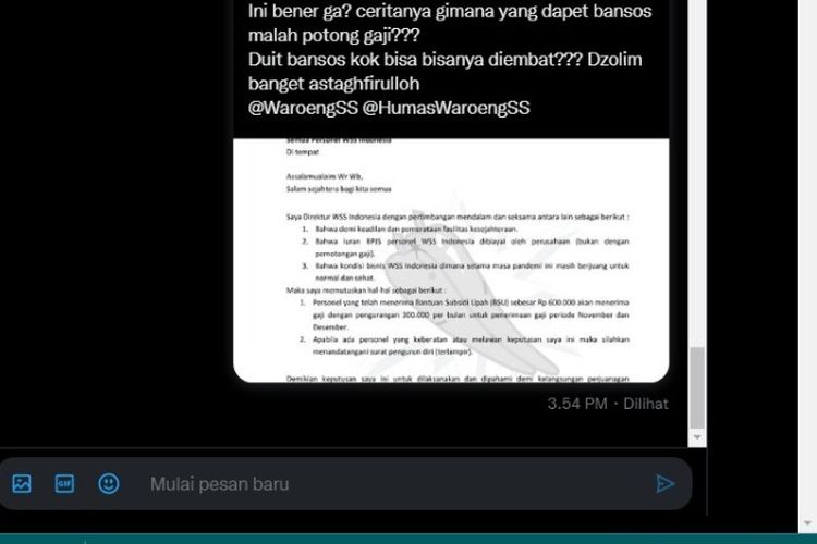 Tangkapan layar twit soal Waroeng Spesial Sambal (WSS) Indonesia disebut potong gaji sebesar Rp 300.000 bagi karyawannya yang mendapatkan Bantuan Subsidi Upah (BSU).