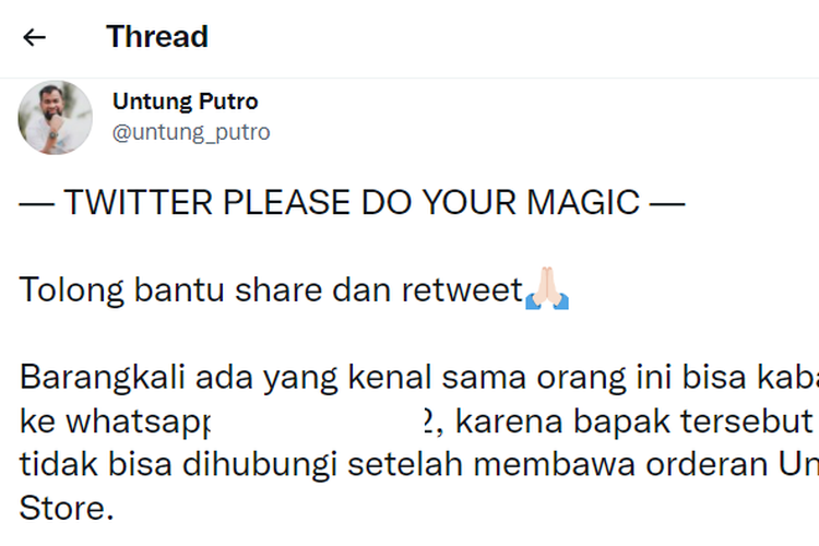 Akun @untung_putro membagikan twit soal barang pesanannya yang dibawa kabur oleh driver ojol yang menjadi kurir pengantaran barang.
