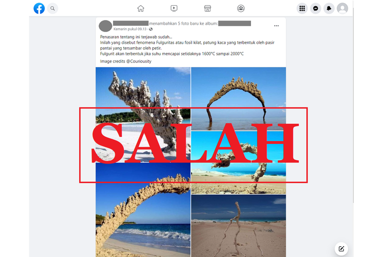Tangkapan layar unggahan dengan narasi keliru di sebuah akun Facebook, Senin (25/7/2022), soal kumpulan foto yang diklaim sebagai fenomena fulguritas yang terbentuk dari pasir pantai yang tersambar petir.