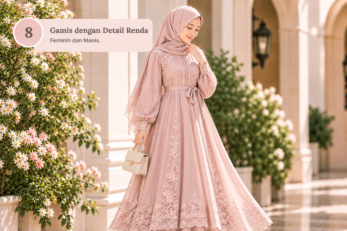 Gamis dengan detail renda, feminin dan manis