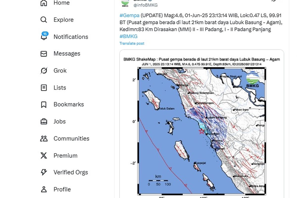 Gempa magnitudo 4,6 guncang Agam Sumatera Barat