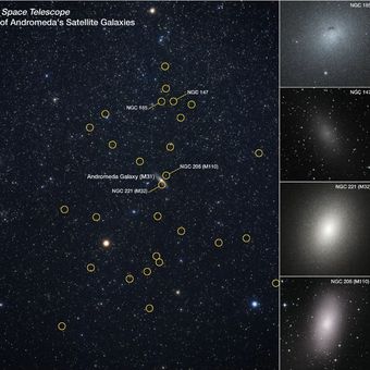 Survei Hubble terhadap Andromeda difokuskan pada 36 galaksi kerdil (dilingkari kuning) yang berbagi lingkungan Andromeda. Tanpa diduga, semua galaksi tampak tersusun pada bidang datar, mengorbit dalam arah yang sama. 