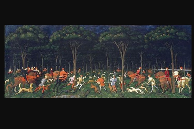Lukisan tempera berjudul Hunt in the Forest yang dibuat Paolo Uccello pada tahun 1470