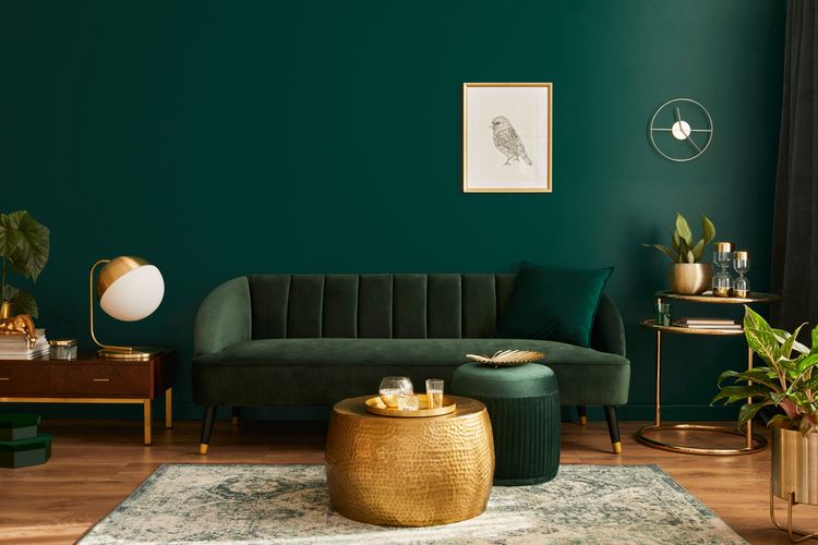 Ilustrasi ruang tamu dengan dinding warna hijau.
