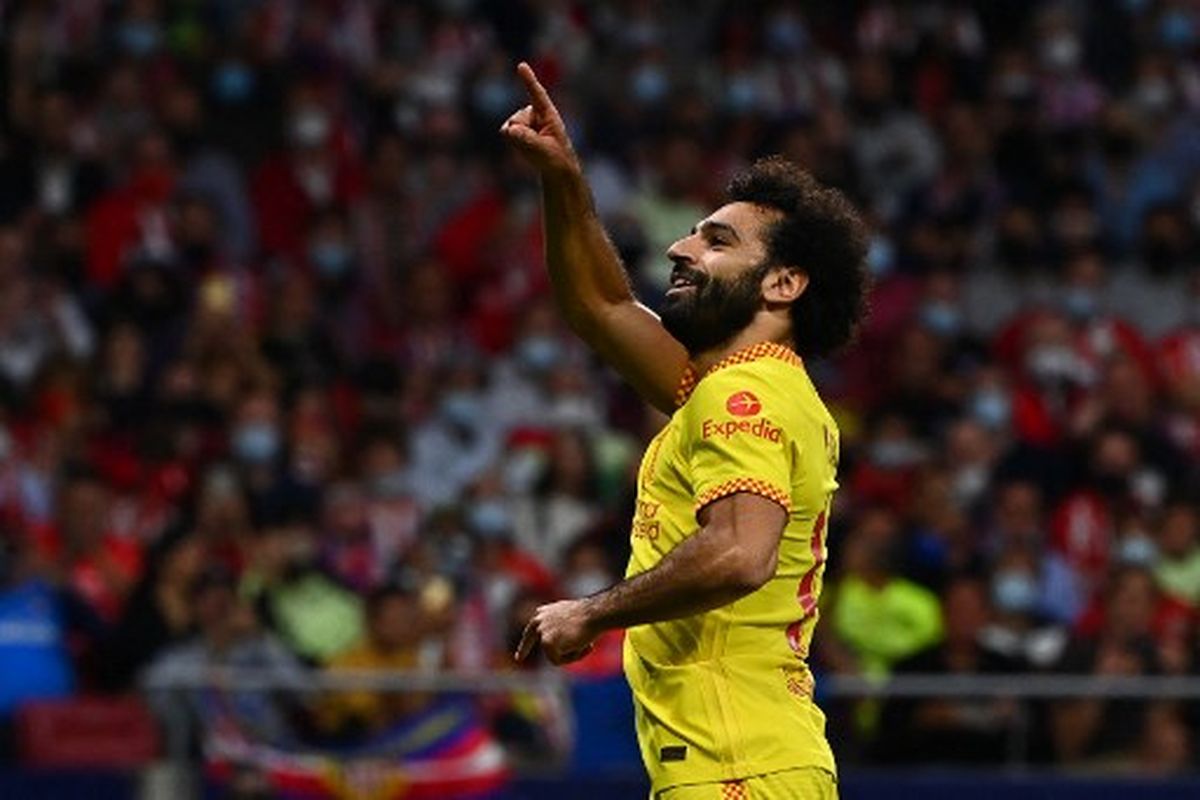 Mohame Salah ketika merayakan golnya pada laga ketiga Grup B Liga Champions yang mempertemukan Atletico Madrid Vs Liverpool di Stadion Wanda Metropolitano, Rabu (20/10/2021) dini hari WIB.