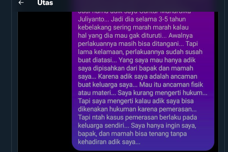 Tangkapan layar unggahan seorang kakak yang mengeluhkan adiknya, remaja 18 tahun yang sering mengamuk