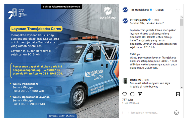 Tangkapan layar unggahan mengenai layanan Transjakarta Cares.