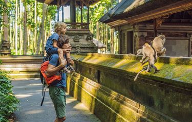 Ilustrasi Bali - Wisatawan sedang berlibur di Sacred Monkey Forest, Gianyar, Bali.