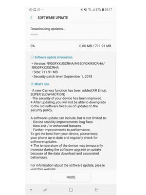 Tangkapan layar pembaruan Galaxy Note 8