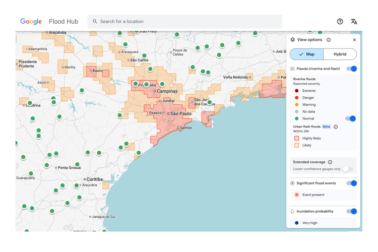 Tampilan hasil prediksi banjir bandang sistem Groundsource Google di Flood Hub.
