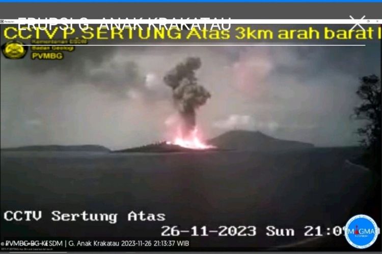 Suasana dari CCTV saat Gunung Anak Krakatau erupsi, Minggu (26/11/2023) malam.
