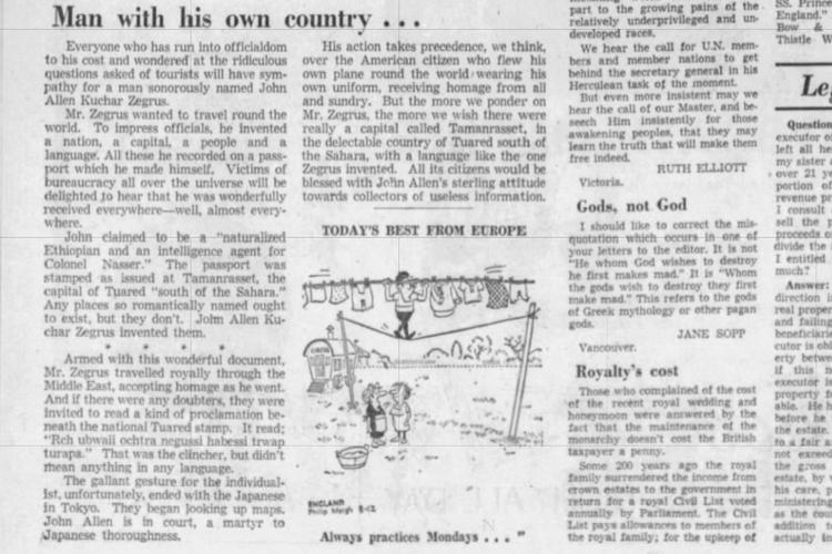 Tangkapan layar laporan surat kabar The Province, edisi 15 Agustus 1960, tentang pemalsuan paspor oleh John Alllen Kuchar Zegrus.