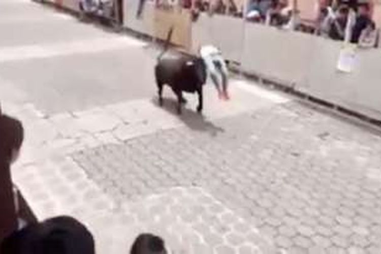 Dalam foto yang diambil dari sebuah video rekaman warga, terlihat bagaimana banteng seberat 400 kilogram itu menerjang seorang pemuda berusia 20-an dalam sebuah festival tahunan di kota Xico, Meksiko.