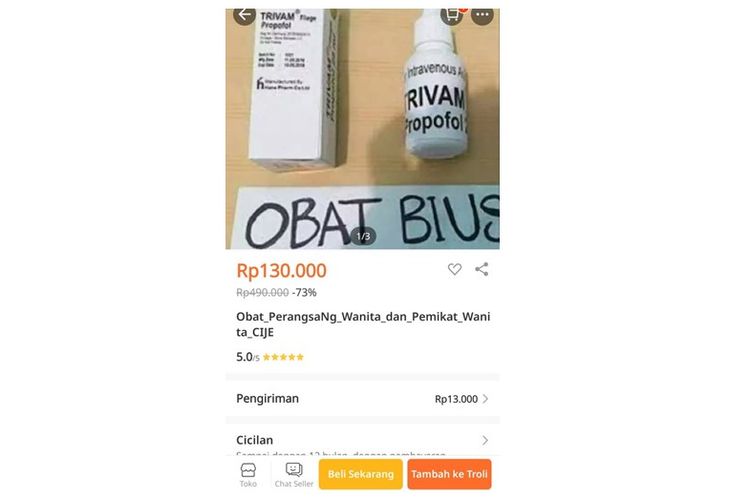 Tangkapan layar dari salah satu toko online yang menjual obat bius propofol.