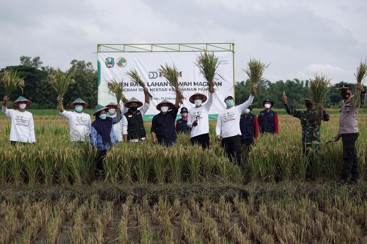 Perwakilan Dompet Dhuafa, Pemkab Magetan dan Gapoktan Sejahtera, gelar panen raya lahan pemberdayaan pertanian padi DD Farm seluas 150 hektare di Magetan, Jawa Timur, Kamis (17/2/2022)