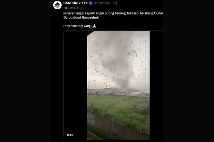 BRIN pastikan pusaran angin di Rancaekek bukan tornado pertama di Indonesia. Tangkapan layar video terjangan puting beliung di Kabupaten Bandung, Jawa Barat pada Rabu (21/2/2024) sore.