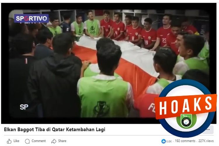 Tangkapan layar Facebook, narasi yang mengeklaim Elkan Baggott tiba di Qatar untuk bergabung dengan timnas Indonesia U23