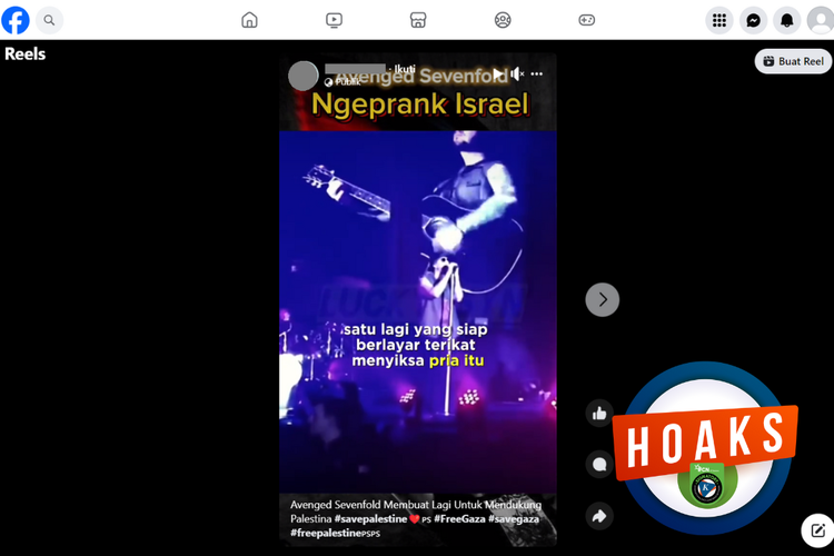 Tangkapan layar unggahan dengan narasi hoaks di sebuah akun Facebook, soal video Avenged Sevenfold menyanyikan lagu dukungan untuk Palestina.