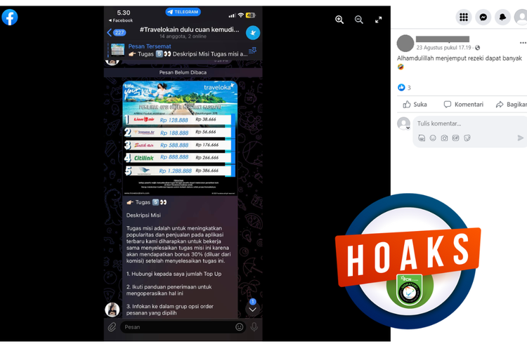 Tangkapan layar unggahan dengan narasi hoaks di sebuah akun Facebook, 23 Agustus 2023, tawaran komisi dengan meningkatkan popularitas produk lewat top up dan order fiktif.