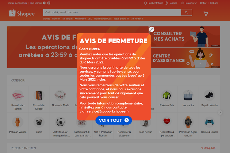Tangkapan layar situs Shopee Perancis yang menampilkan informasi pengentian operasi Shopee di Perancis per 6 Maret 2022.