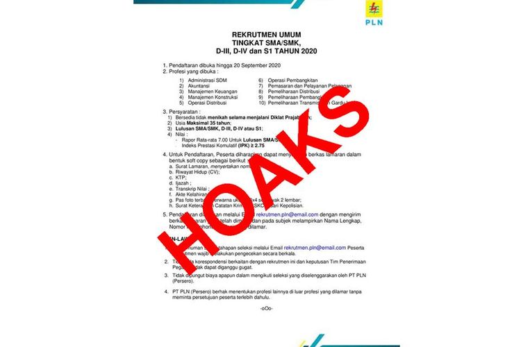 Hoaks Informasi Rekrutmen Pln Tingkat Sma S1 Dibuka Hingga 20 September 2020 Halaman All Kompas Com