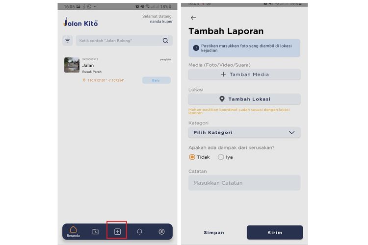 Cara tambah laporan jalan rusak secara online via aplikasi Jalan Kita.