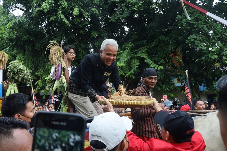 Ganjar Pranowo saat menerima padi dari pendukungnya dalam kirab budaya kampanye akbar hari terakhir Ganjar-Mahfud di Kota Solo, Jawa Tengah, Sabtu (10/2/2024).