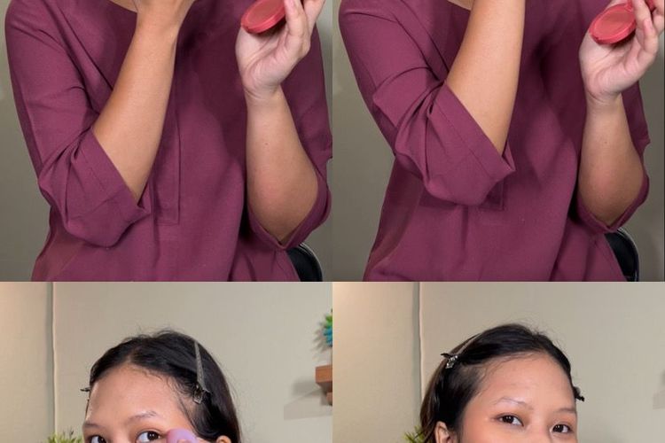 Model yang sedang melakukan step pada tahapan makeup sederhana, Jakarta Barat, Kamis (07/03/2024).